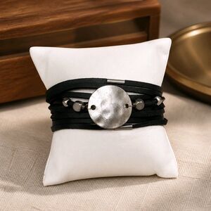 Black Multi Leather Straps Hammered Silver Medallion Magnetic Bracelet